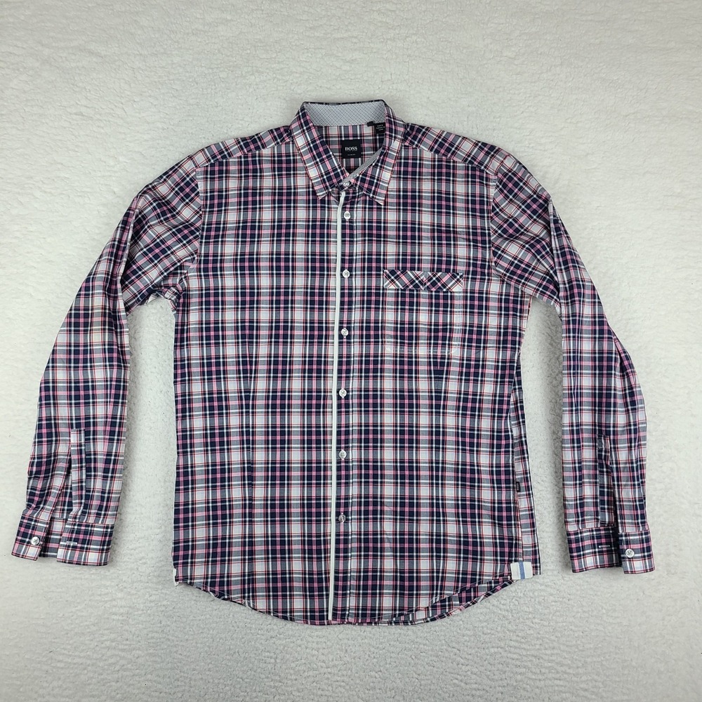 Hugo Boss Dress Shirt Mens XL Blue Pink Plaid Slim Fit Cotton Button Up